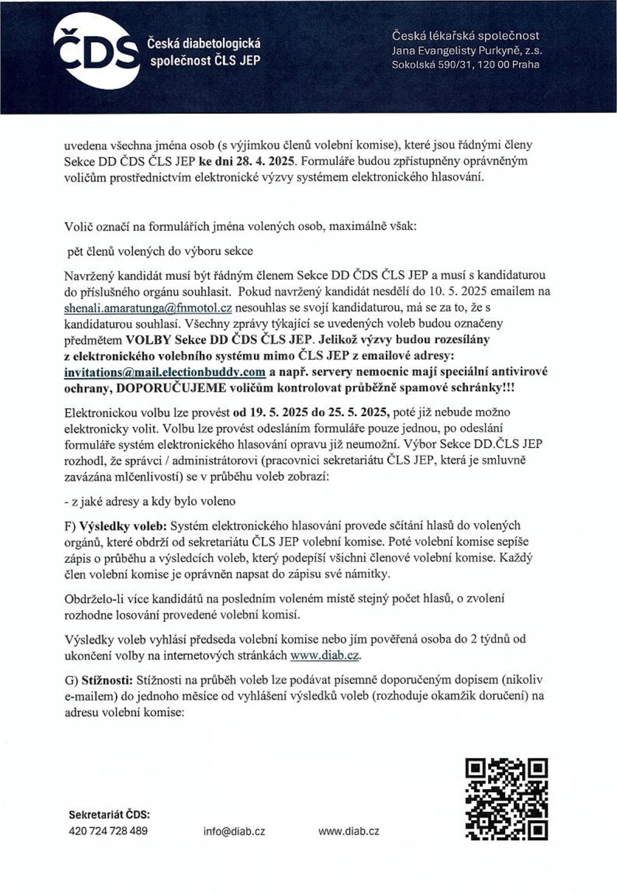 Vyhlášení voleb do orgánů organizační složky sekce Dětská diabetologie ČDS ČLS JEP, z.s. (Sekce 5007)