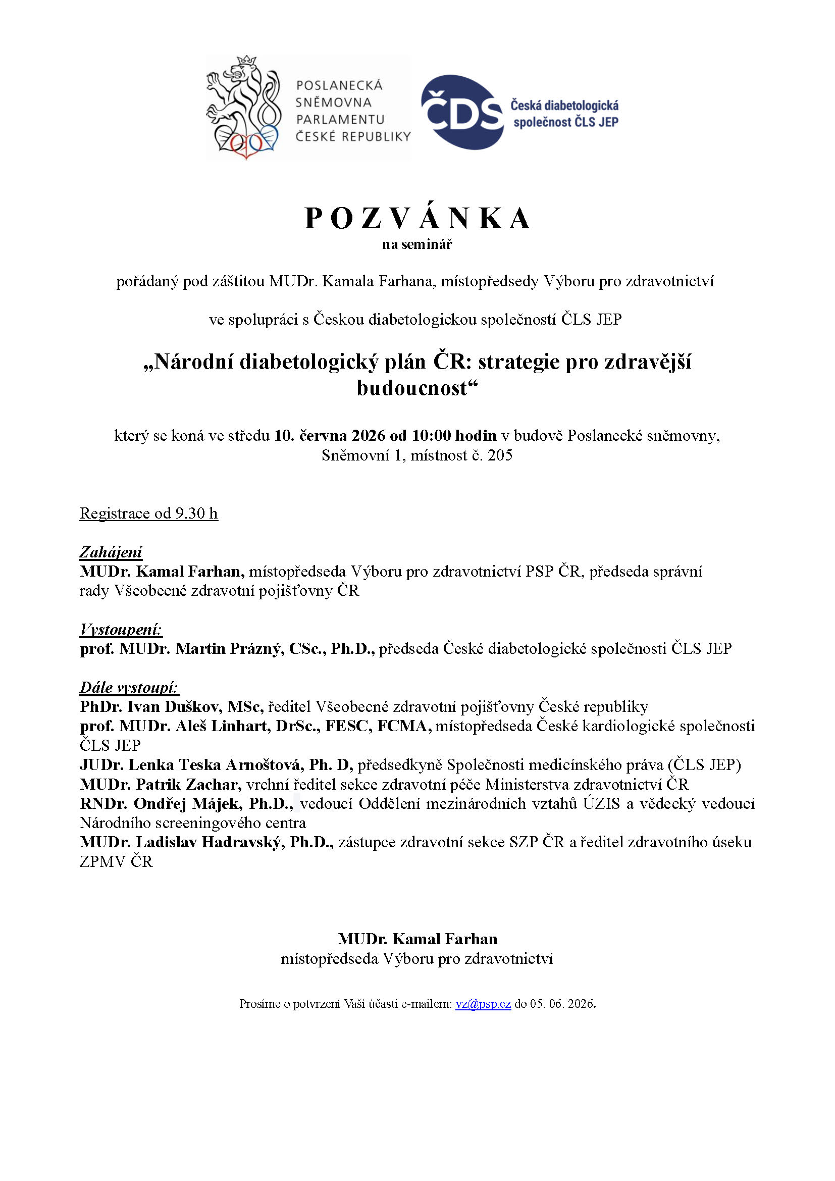Pozvánka na seminář Národní diabetologický plán ČR: strategie pro zdravější budoucnost